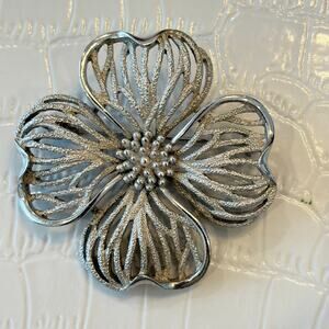 Crown Trifari Alfred Philippe Vintage Silver Flower with Pearls Brooch